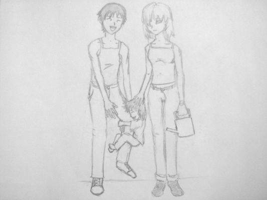 "Family in the Garden" by Jed Lobo
Artist's notes:
"Some notes about the drawing:
It is an image of the family in the garden, evident by Asuka's watering pot and both she and Shinji's light clothing, since I imagine them doing labor in the heat w/o much on.  Aki is grabbing hold of Shinji's leg, and is barefoot, as usual.  Also, I figured because of her partly German ancestry, and Shinji's full Japanese ancestry, Asuka would have an advantage in growth potential.  In the beginning of the series, she was taller than Shinji, and though boys do grow over a longer period of time, I figured the hard labor of supporting a family with shelter and food, having a somewhat unbalanced diet, as well as not acquiring a lot of sleep during the essential phase of male growth (between the ages of 14 and 18) because of taking care of Aki, he didn't get to grow to his full potential, while Asuka was well into the female growth spurt already.  Therefore, I drew them at about the same height, though she may be about an inch taller.  The two of them are approximately 5'6" or 5'7" (about 166-167 cm)  Their age in the drawing is approximately 20 or 21."
